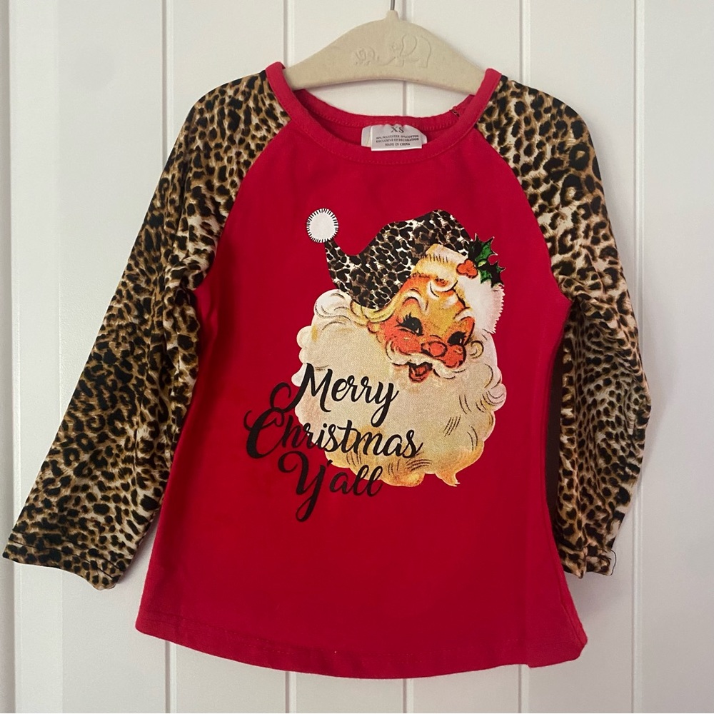 Honeydew kids clothing “Merry Christmas Y’all” with leopard raglan long sleeves